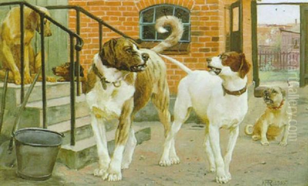 Drei Hunde Im Hof Oil Painting by Karl Frederik Christian Hansen-Reistrup