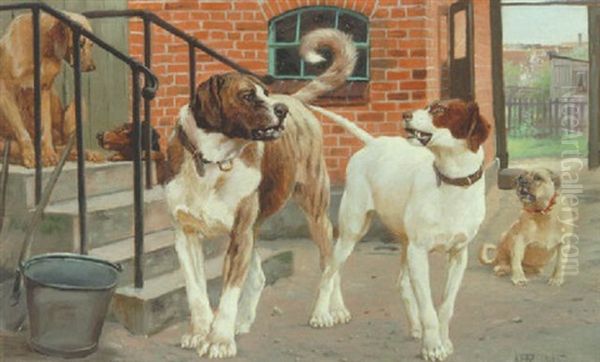 Gardsplads Med Hunde Oil Painting by Karl Frederik Christian Hansen-Reistrup