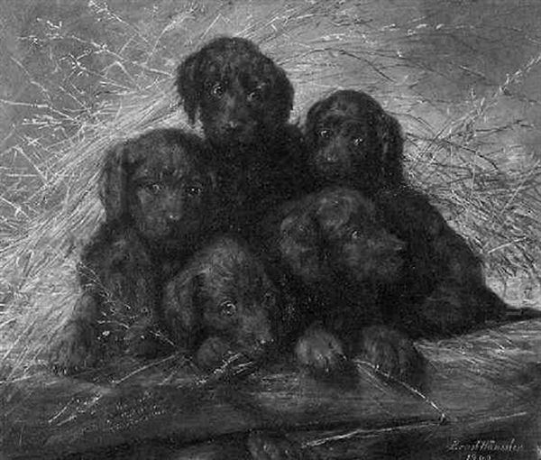 Funf Hundewelpen Im Stroh Oil Painting by Ernst Haenssler