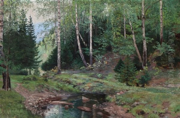 A Forest Lake At Springtime Oil Painting by Nils Severin Lynge Hansteen