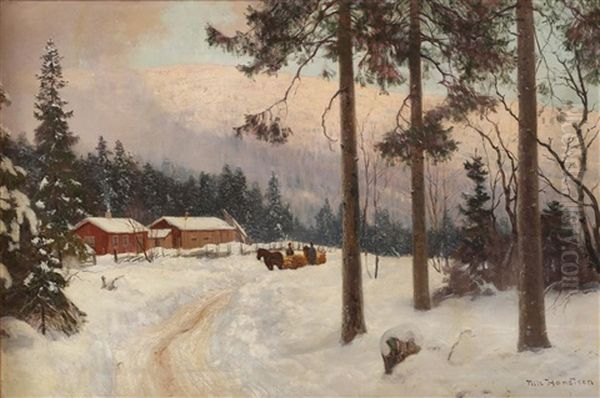 Vinterlandskap Med Hest Og Slede Oil Painting by Nils Severin Lynge Hansteen