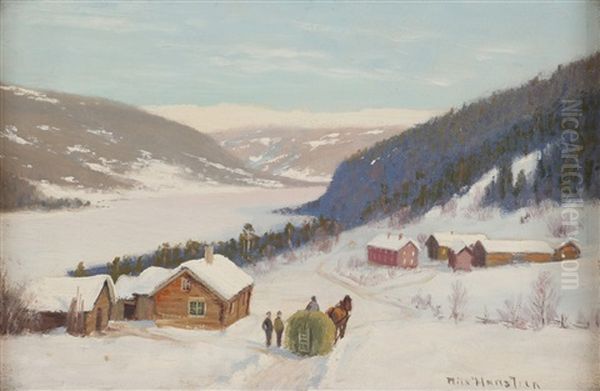 Vinterlandskap Med Gardsbygninger, Hest Og Slede Oil Painting by Nils Severin Lynge Hansteen