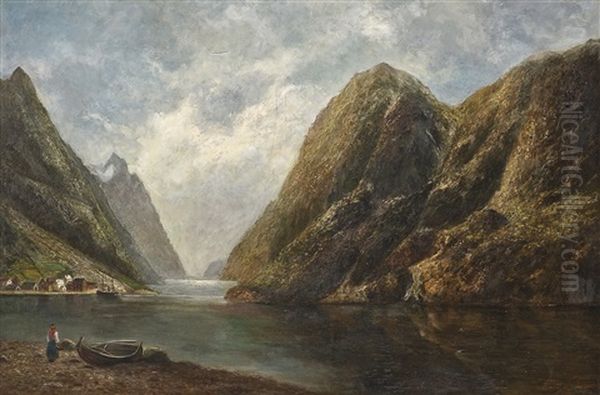 Fjordlandskap Med Folkeliv Oil Painting by Nils Severin Lynge Hansteen