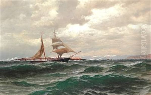 View Of A Sailing Boat Off The Norwegian Coast by Nils Severin Lynge Hansteen