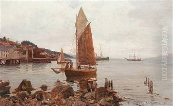 Coastal Scene From A Harbour Village Oil Painting by Nils Severin Lynge Hansteen