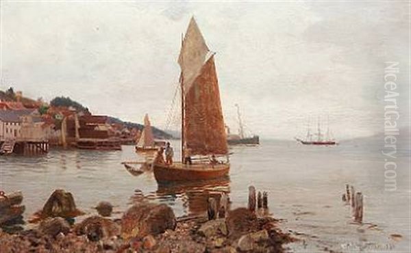 Coastal Scene From A Harbour Village Oil Painting by Nils Severin Lynge Hansteen