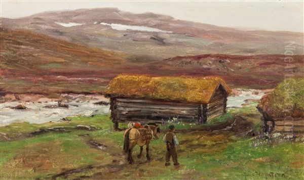 Mann Med Klovhest Ved Saeter Oil Painting by Nils Severin Lynge Hansteen