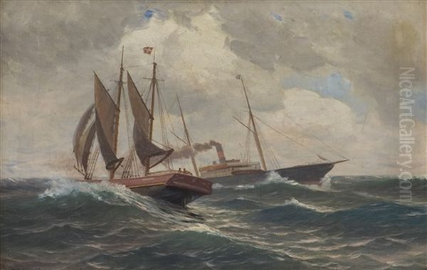 Seilskute Og Dampskip Oil Painting by Nils Severin Lynge Hansteen