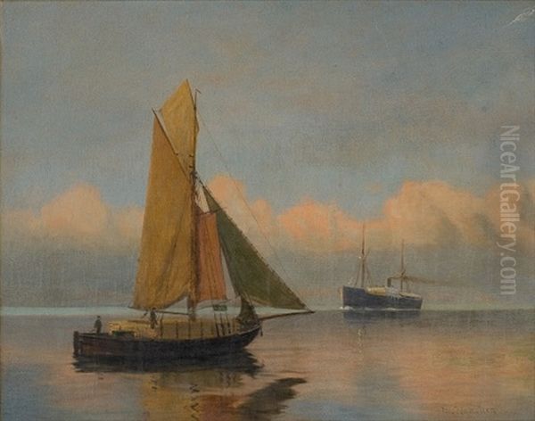 Steamer And Sailing Boat In Calm Seas Oil Painting by Nils Severin Lynge Hansteen