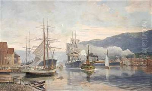 Havn Med Seilskuter Oil Painting by Nils Severin Lynge Hansteen