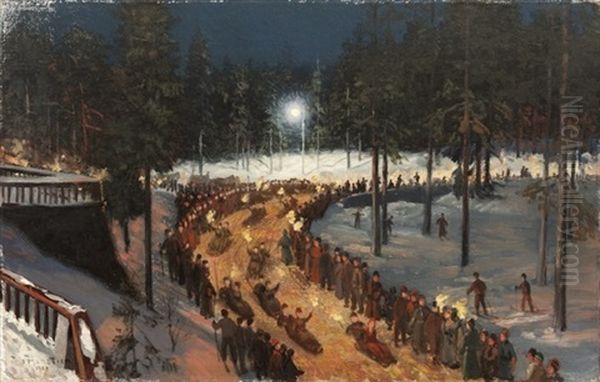 Toboggan Eller Bobslaedekorsel Ved Fakkelskin (holmenkollen?) Oil Painting by Nils Severin Lynge Hansteen