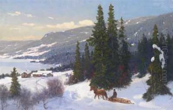 Hest Og Slede Pa Vei Til Garden Oil Painting by Nils Severin Lynge Hansteen