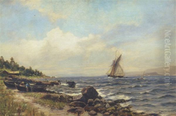 Norsk Fjordparti Med Sejlskib Ud For Kysten Oil Painting by Nils Severin Lynge Hansteen