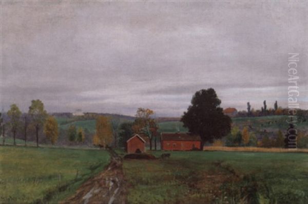 Gront Landskap Med Rode Hus Oil Painting by Nils Severin Lynge Hansteen