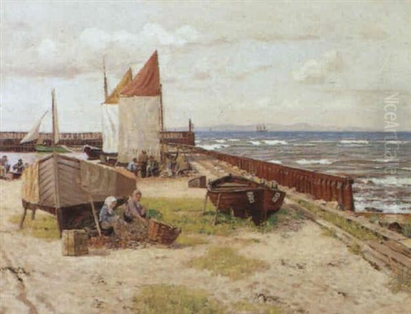 Fiskerleje Med Fiskere Og Fiskerkoner Oil Painting by Nils Severin Lynge Hansteen