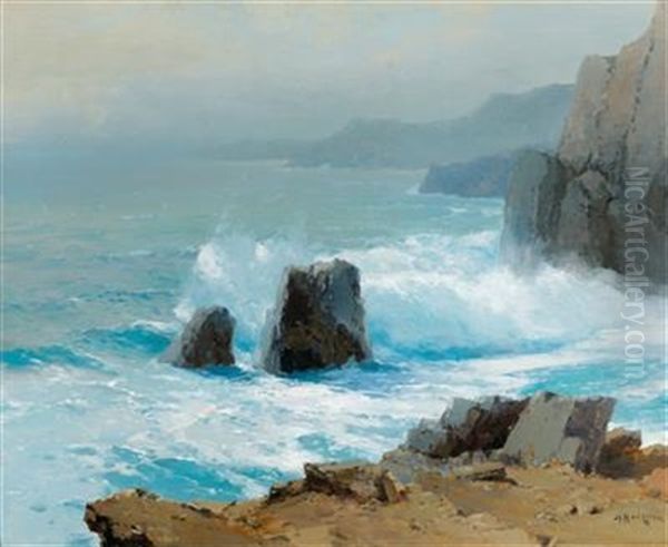 Choppy Adriatic Sea Near Dubrovnik Oil Painting by Alexei Vasilievitch Hanzen