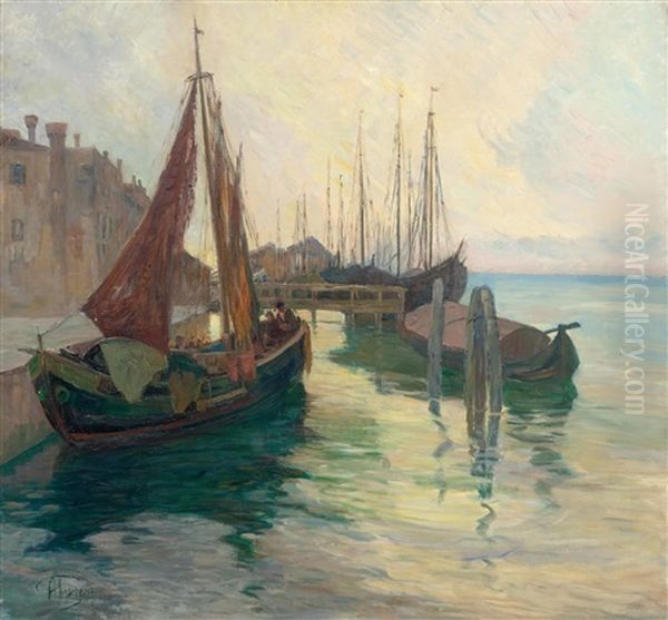 Fishing Boats In A Harbour Oil Painting by Alexei Vasilievitch Hanzen