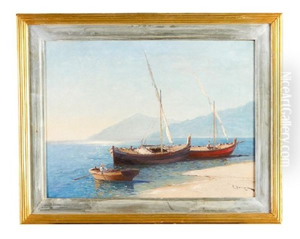 Coastal Scene With Ships And A Boat With Oar Oil Painting by Alexei Vasilievitch Hanzen