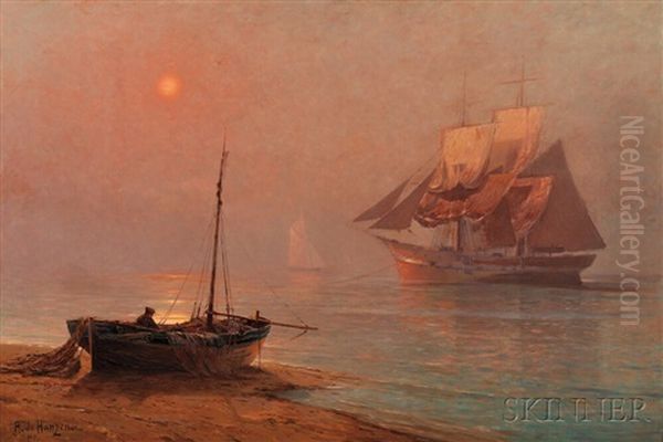 Luminous Shore View With Sailing Vessels Oil Painting by Alexei Vasilievitch Hanzen