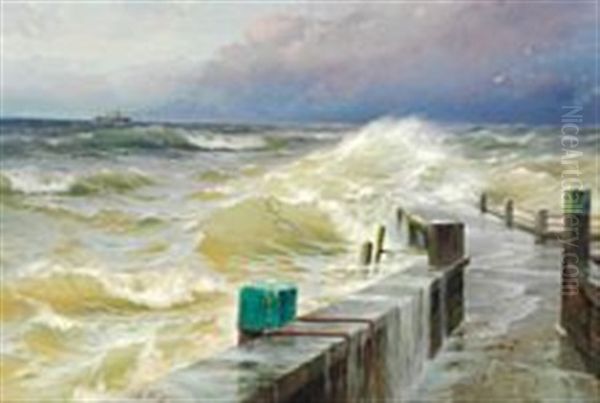 At A Pier In Stormy Weather Oil Painting by Alexei Vasilievitch Hanzen