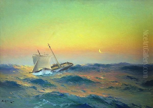 Sailing Boats On Stormy Sea Oil Painting by Alexei Vasilievitch Hanzen