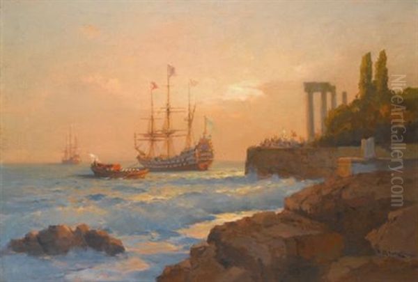 Triumphant Ship Approaching The Harbour Oil Painting by Alexei Vasilievitch Hanzen