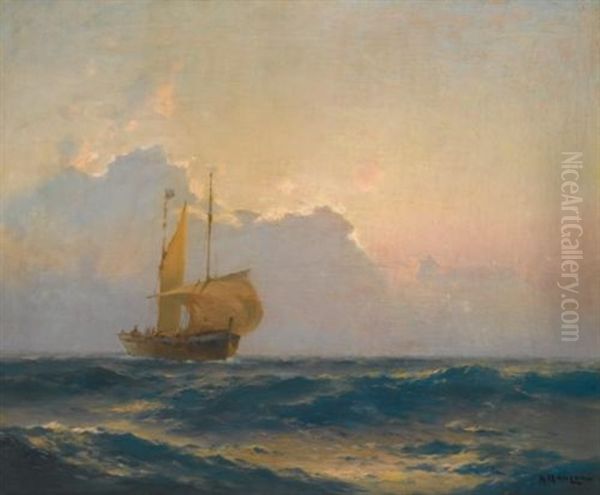 Ship At Dusk Oil Painting by Alexei Vasilievitch Hanzen