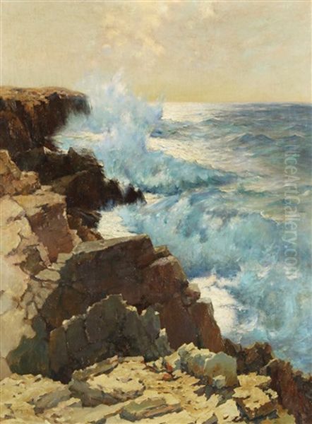 Waves Crashing On The Rocks Oil Painting by Alexei Vasilievitch Hanzen