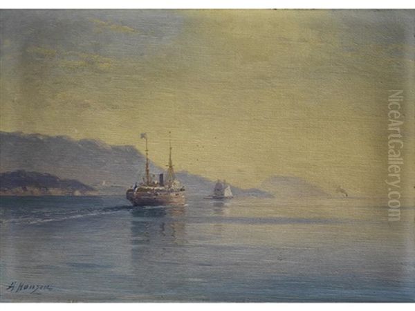 Dampfer Und Segelschiff Vor Einer Kuste Oil Painting by Alexei Vasilievitch Hanzen