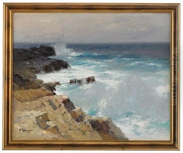 Swell Off A Rocky Coastline Oil Painting by Alexei Vasilievitch Hanzen