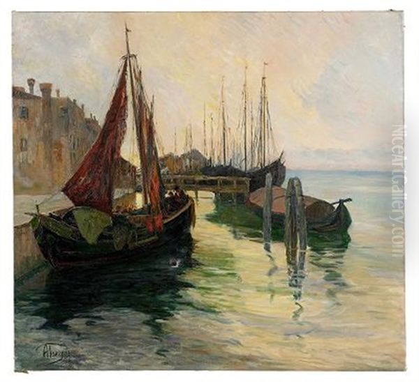 Barges On The Wharf Oil Painting by Alexei Vasilievitch Hanzen