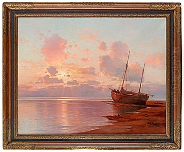 Skepp I Solnedgang Oil Painting by Alexei Vasilievitch Hanzen