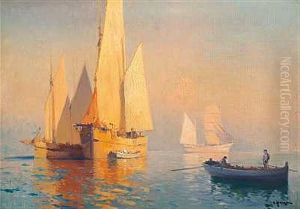 Sailing Ships On A Quiet Sea, In The Foreground Two Men In A Boat Oil Painting by Alexei Vasilievitch Hanzen