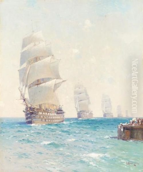 Tall Ships On The Ocean Oil Painting by Alexei Vasilievitch Hanzen