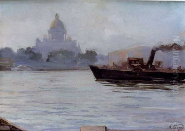 Steam Boat On The River Oil Painting by Alexei Vasilievitch Hanzen