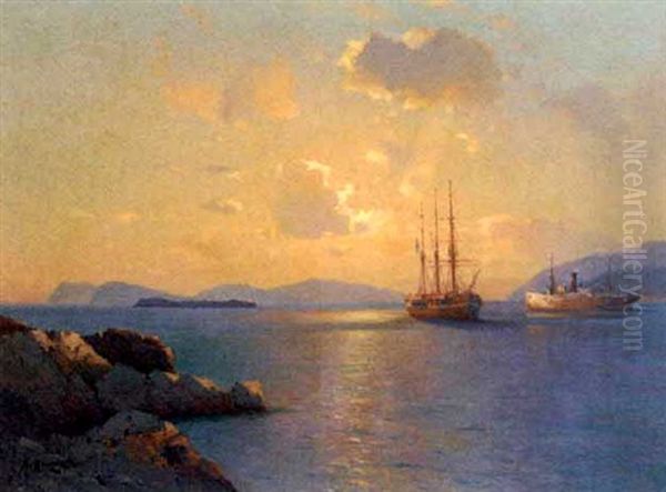 Two Ships At Sunset Oil Painting by Alexei Vasilievitch Hanzen