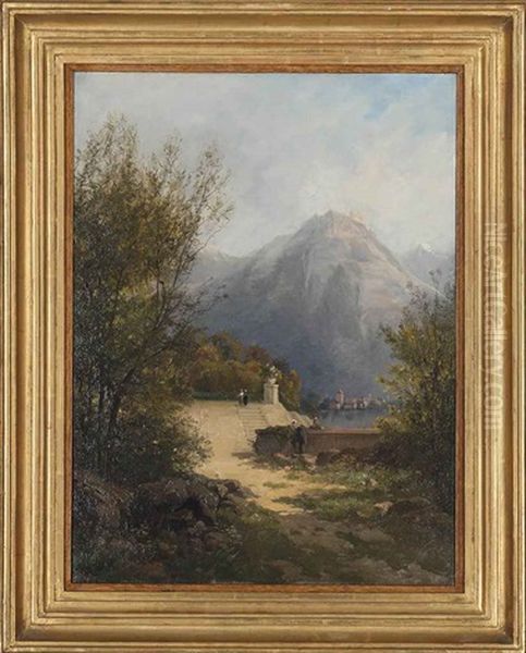 Figures Promenading By Lake Geneva Oil Painting by Carl Happel