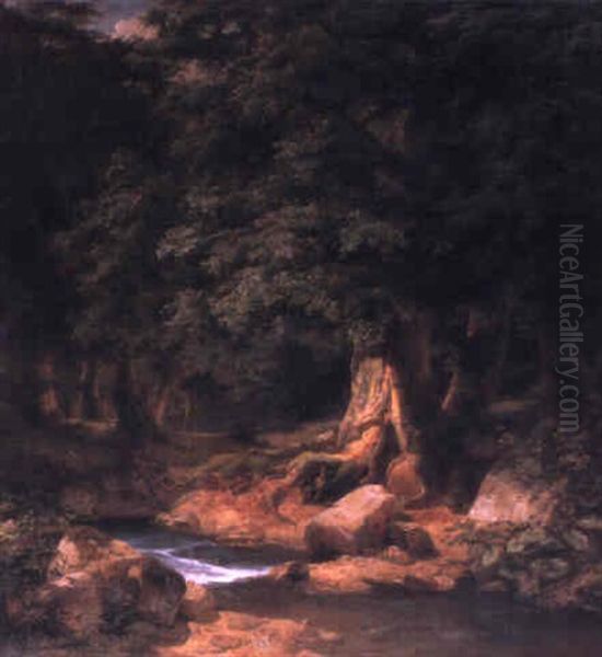 A Forest Stream Oil Painting by Peter Heinrich Happel