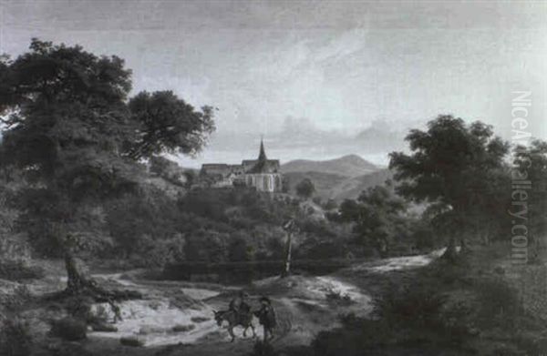 Romantische Bewaldete Berglandschaft Mit Blick Auf Das      Kloster Wedinghausen Bei Arnsberg Oil Painting by Peter Heinrich Happel