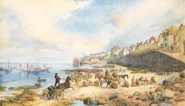 A Bustle Of Activity On The Beach At Low Tide, Thought To Be Robin Hood's Bay, Yorkshire Oil Painting by Robert Michael Ballantyne