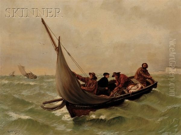 Fishermen In A Dory Off The White Cliffs Oil Painting by Georges Jean Marie Haquette