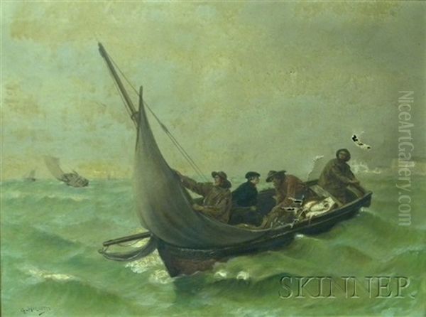 Fisherman In A Dory Off The White Cliffs Oil Painting by Georges Jean Marie Haquette