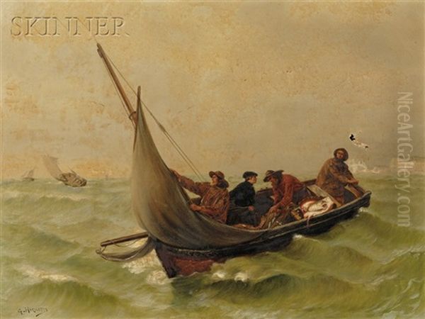 Fisherman In A Dory Off The White Cliffs Oil Painting by Georges Jean Marie Haquette