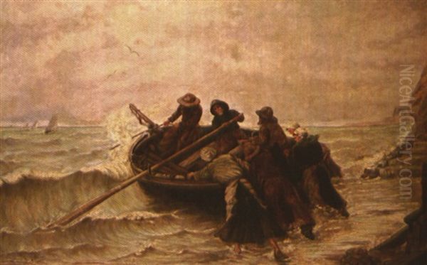 Depart De La Plage D'une Barque De Peche Oil Painting by Georges Jean Marie Haquette