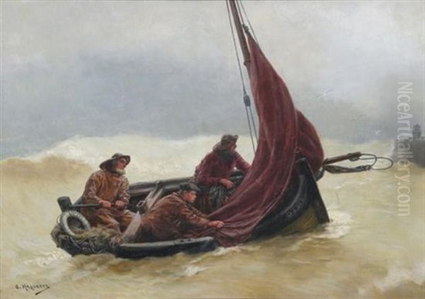 Fisherman Heading Out To Sea Oil Painting by Georges Jean Marie Haquette