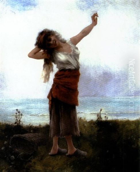 Jeune Fille S'etirant Au Bord De La Mer Oil Painting by Georges Jean Marie Haquette