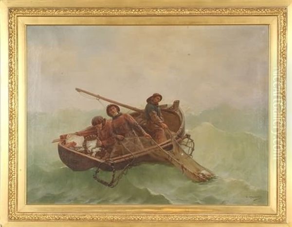 Fishermen Pulling In Their Nets Oil Painting by Georges Jean Marie Haquette