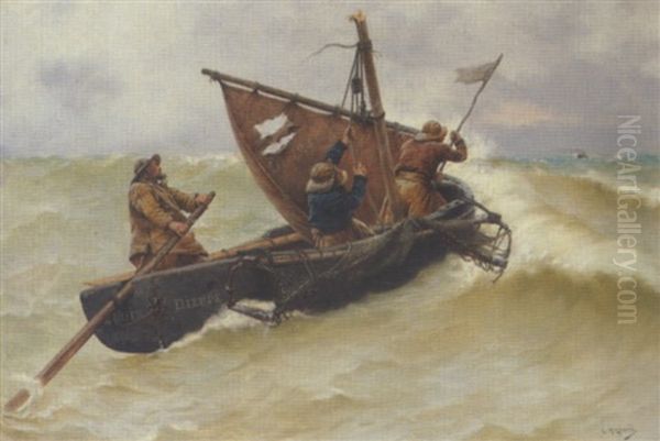 Pram Med Tre Fiskere I Havsnod Oil Painting by Georges Jean Marie Haquette