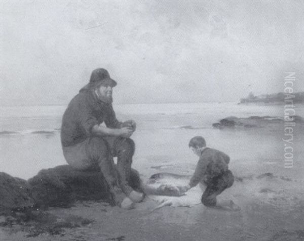 Coastal Landscape With Fishermen Oil Painting by Georges Jean Marie Haquette