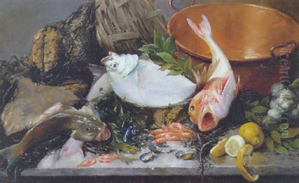 Nature Morte Med Fisk Oil Painting by Georges Jean Marie Haquette